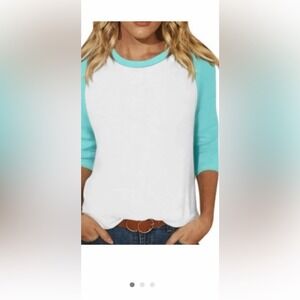 CHASOR Long Sleeve Baseball Tee White Aqua Blue Top Size XS